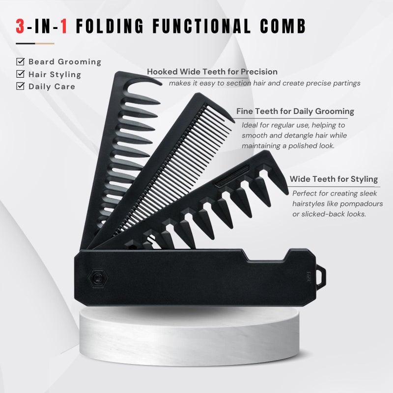 BARBERPLAN Protable Folding Pocket Comb for Men, 3 in 1 Hair Comb - Fine Tooth & Wide Tooth Comb, for Everyday Grooming & Combing Hair, Beards and Mustaches (Black) - Image 3